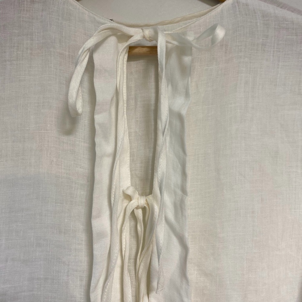 ZARA Linen Tie Front Blouse White Short Sleeve Top XS - Picture 3 of 11